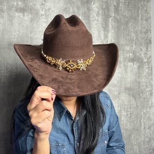 Dark Brown Cowboy cowgirl suede hat with rhinestones hatband